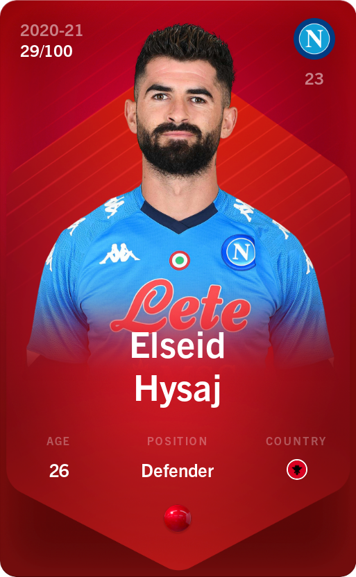 Sorare - Sorare Official - Elseid Hysaj 2020-21 • Rare 29/100 - NFT # 91330788710067885008871691454801400277618990598517749634099375151723986596589
