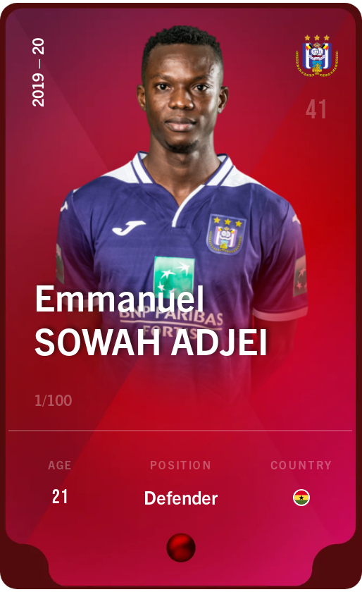 Sorare - Sorare Official - Emmanuel Sowah Adjei 2019-20 • Rare 1/100 - NFT # 20564290207340157127840016683576457003653049797645677436707284603451031686525