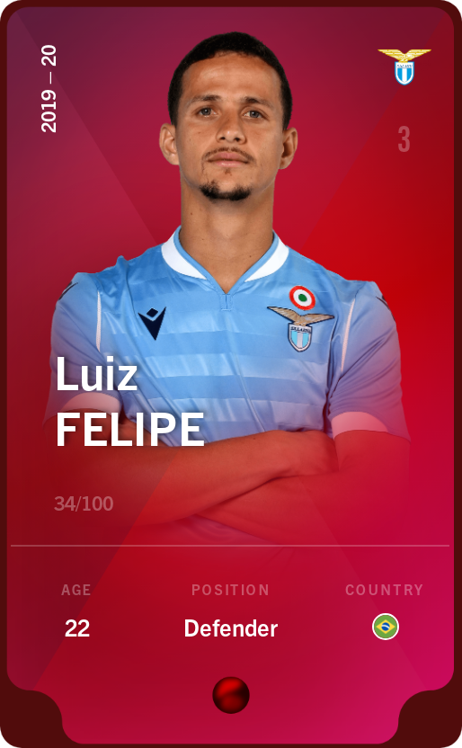 Sorare - Sorare Official - Luiz Felipe 2019-20 • Rare 34/100 - NFT # 46498016550619937380155627785788504721003944225520667864488857614387154243647