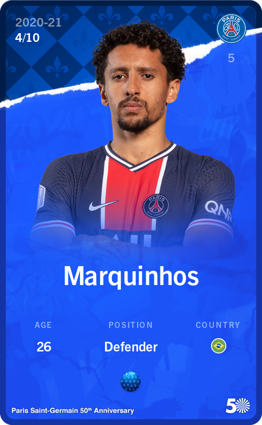 Sorare - Sorare Official - Marquinhos 2020-21 • Super Rare 4/10 - NFT # 10771546964624971386446456877013426992049382388772097287233127616746161786303