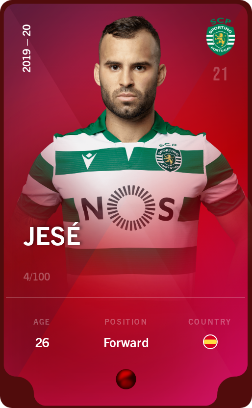Sorare - Sorare Official - Jesé 2019-20 • Rare 4/100 - NFT # 22125192063070175853806420572553438929794698250539078815251954372602962233925