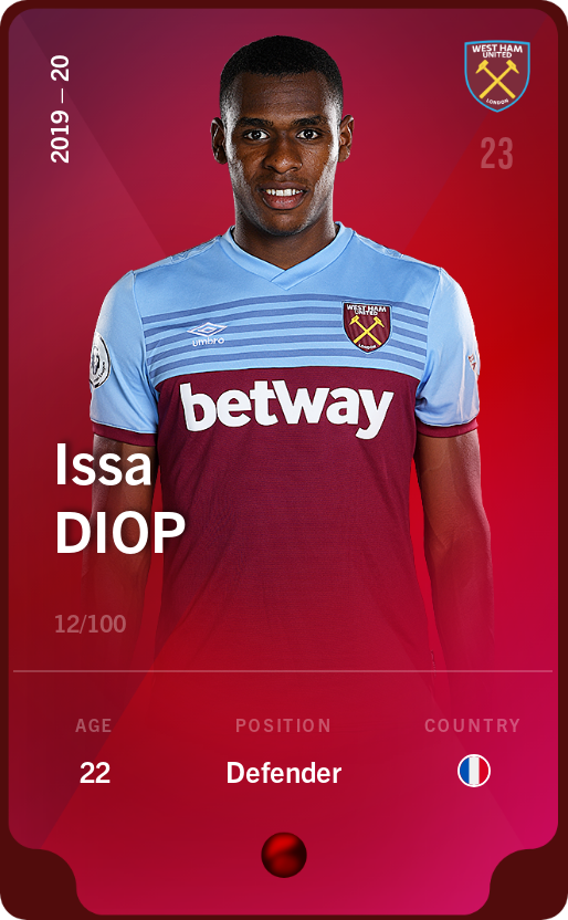 Sorare - Sorare Official - Issa Diop 2019-20 • Rare 12/100 - NFT # 83704028034101227707533881000604450909665309727857014045722061552443798190028