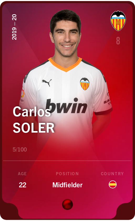 Sorare - Sorare Official - Carlos Soler 2019-20 • Rare 5/100 - NFT # 64622511141735893203075307016472357508344721530886104492658086363444275876375