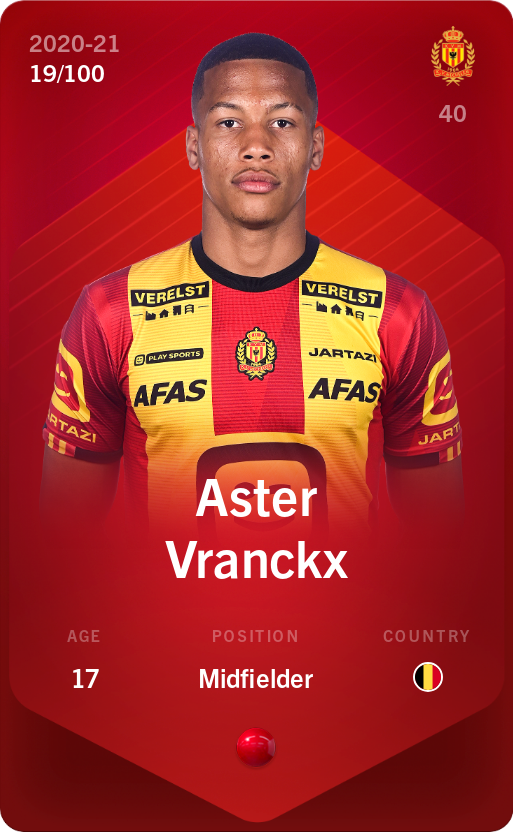 Sorare - Sorare Official - Aster Vranckx 2020-21 • Rare 19/100 - NFT # 114408182723105695249487881113089783842820687373197826582855244373440919173325