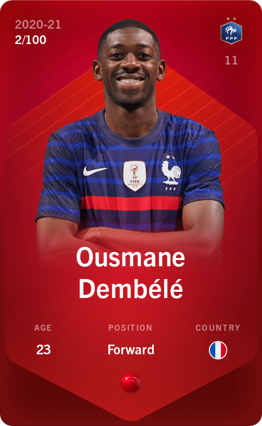 Sorare - Sorare Official - Ousmane Dembélé 2020-21 • Rare 2/100 - NFT # 78404403715801604300480019295732325037947819612586491079120884099045764181313
