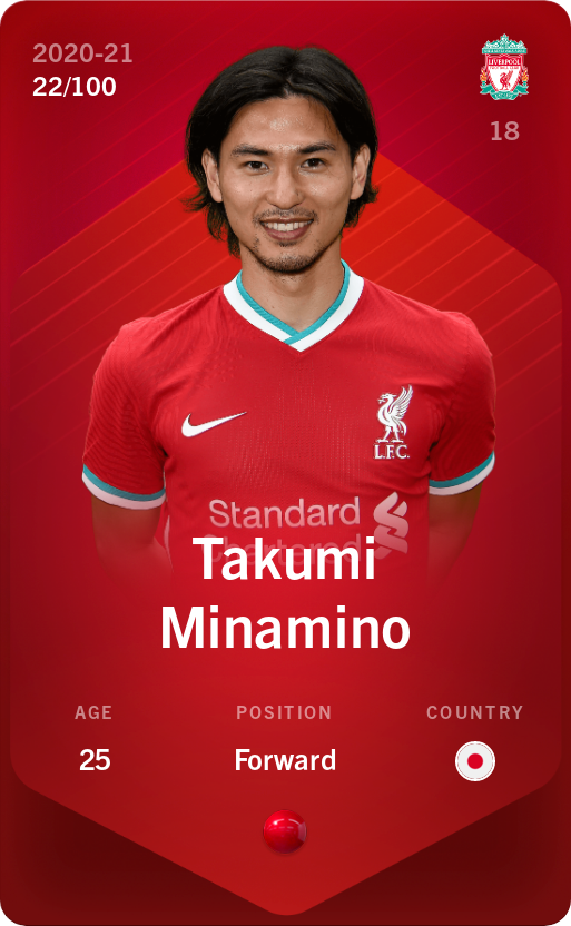 Sorare - Sorare Official - Takumi Minamino 2020-21 • Rare 22/100 - NFT # 14797153900047583392967289904214870458163958992112371636385023902742149314019