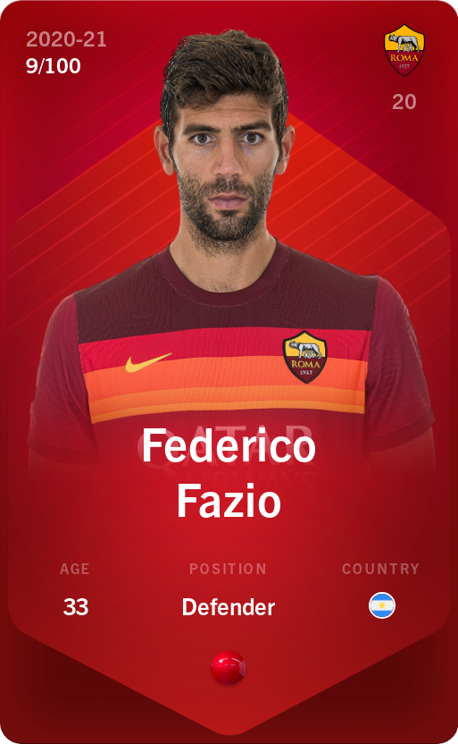 Sorare - Sorare Official - Federico Fazio 2020-21 • Rare 9/100 - NFT # 97419294902310037495447245614432355380915973516352016116777989612657370326550