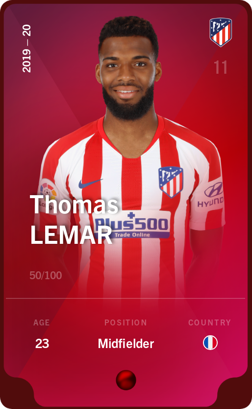 Sorare - Sorare Official - Thomas Lemar 2019-20 • Rare 50/100 - NFT # 67739518593593262406365077989492015444514849362852707536657103597536900267229