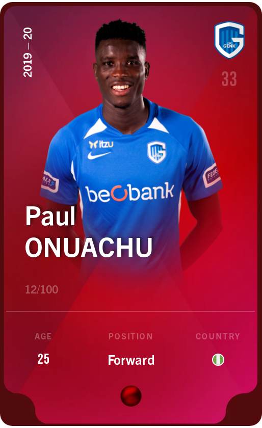 Sorare - Sorare Official - Paul Onuachu 2019-20 • Rare 12/100 - NFT # 102502414765805668470608123177962799837753487936592007396429696712538093317567