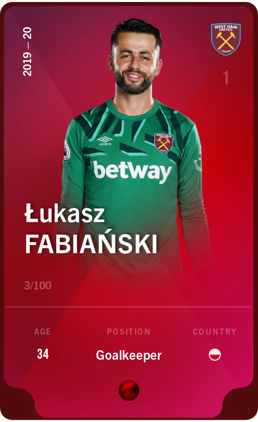 Sorare - Sorare Official - Łukasz Fabiański 2019-20 • Rare 3/100 - NFT # 68246720621451720150070930425667426020834094684905860999054430814236117160533