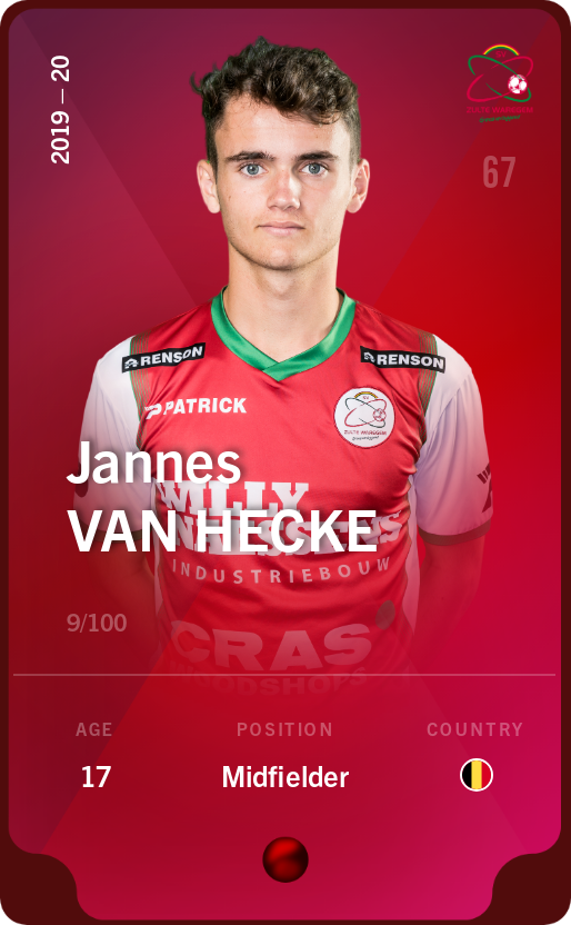 Sorare - Sorare Official - Jannes Van Hecke 2019-20 • Rare 9/100 - NFT # 6819730828927077575244341131616404047900358406531543521717663554393306363342