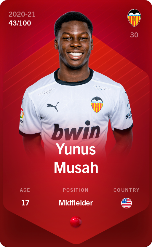 Sorare - Sorare Official - Yunus Musah 2020-21 • Rare 43/100 - NFT # 4887937345748889387503173627812431536158904082477836855526777152447838180297