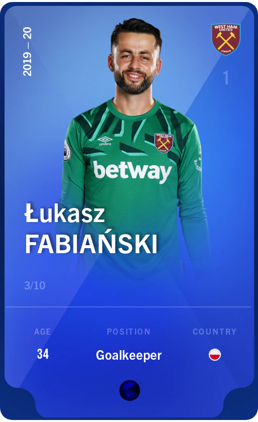 Sorare - Sorare Official - Łukasz Fabiański 2019-20 • Super Rare 3/10 - NFT # 21326861655854733316309587079016101531230111168118076598840202246206335733501