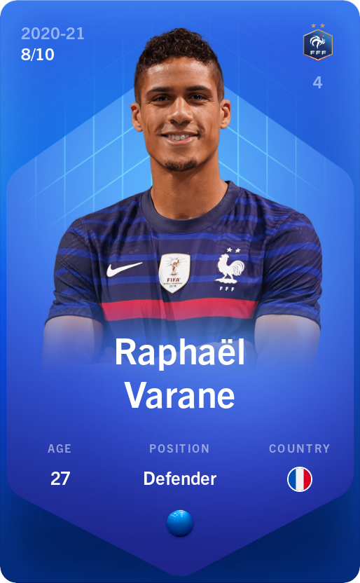 Sorare - Sorare Official - Raphaël Varane 2020-21 • Super Rare 8/10 - NFT # 34638354516136909432658383597396833439337197665550879968235854898254574966918