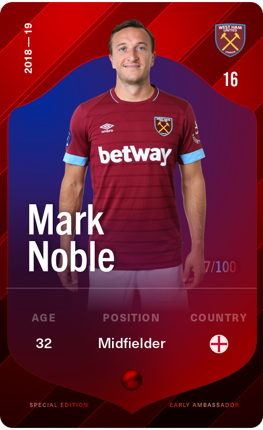 Sorare - Sorare Official - Mark Noble 2018-19 • Rare 7/100 - NFT # 26594069014361294485619470908949854232545529557474075801370642597588384366324