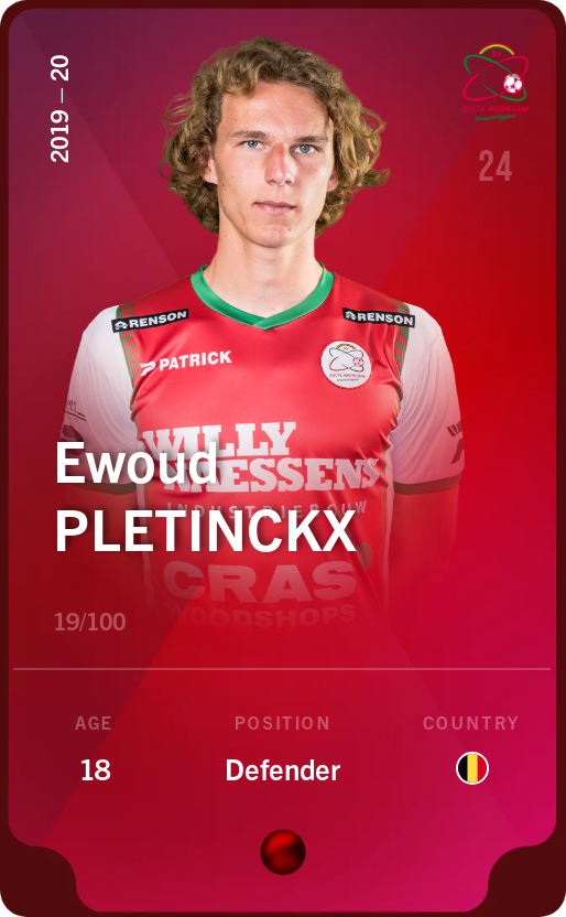 Sorare - Sorare Official - Ewoud Pletinckx 2019-20 • Rare 19/100 - NFT # 42579282579896158554576339073059438242232586561976022387786849595509580813690