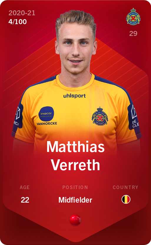 Sorare - Sorare Official - Matthias Verreth 2020-21 • Rare 4/100 - NFT # 111799817904391261661847868355495232322950030307337946621078816008225721848832