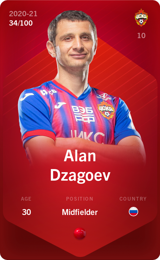Sorare - Sorare Official - Alan Dzagoev 2020-21 • Rare 34/100 - NFT # 104243296177921112705907636692227784334962741975077025339719716925747752728259