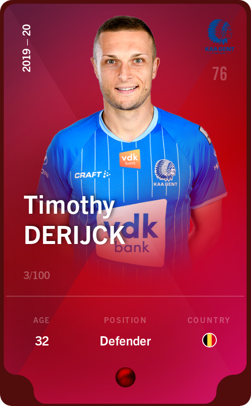 Sorare - Sorare Official - Timothy Derijck 2019-20 • Rare 3/100 - NFT # 55723644427371526359832414549965348944652085154929056239625229824119816906417