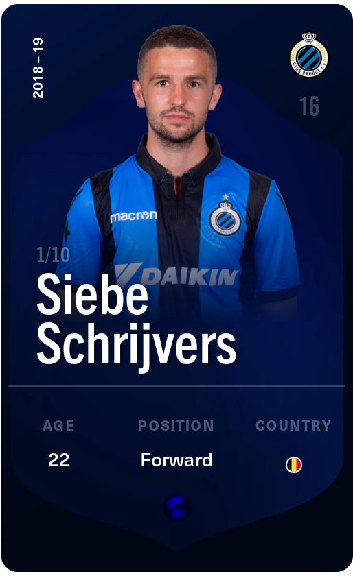 Sorare - Sorare Official - Siebe Schrijvers 2018-19 • Super Rare 1/10 - NFT # 48498836491434435918802161459159200601797310929230423675214814274909695303237