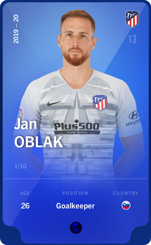 Sorare - Sorare Official - Jan Oblak 2019-20 • Super Rare 1/10 - NFT # 89832351659844117551953155966894875145299402866285431396146658099789537497097