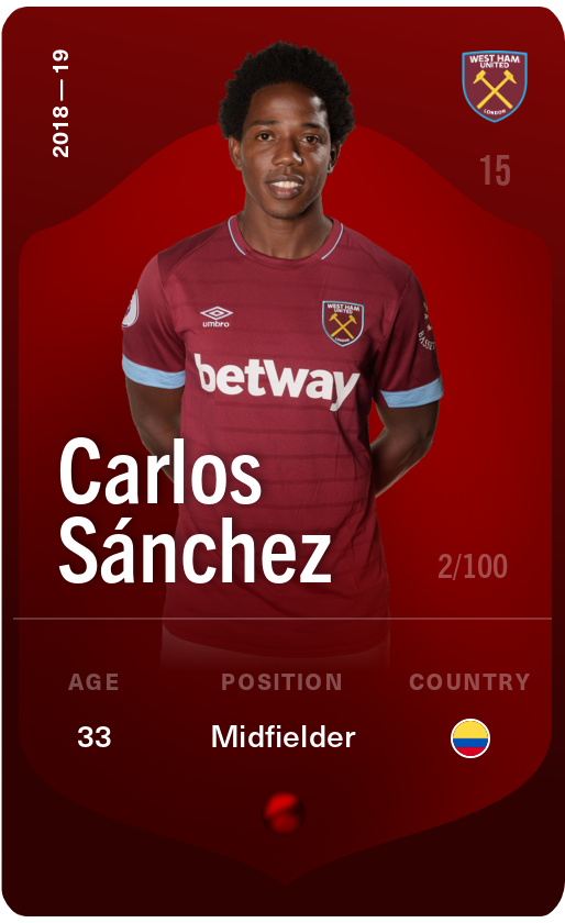 Sorare - Sorare Official - Carlos Sánchez 2018-19 • Rare 2/100 - NFT # 76168591343065569857607284190118505608270671047512579488742362647353433988645