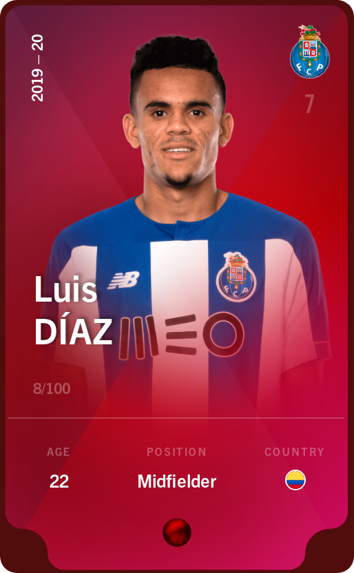 Sorare - Sorare Official - Luis Díaz 2019-20 • Rare 8/100 - NFT # 16398620328007688247044514073227528161478976448218526892282006296315577689841