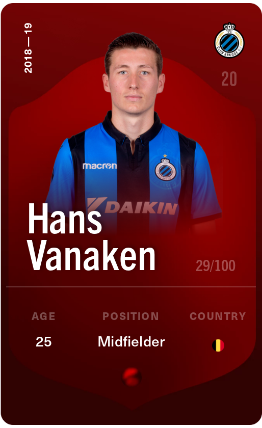 Sorare - Sorare Official - Hans Vanaken 2018-19 • Rare 29/100 - NFT # 103566144332772159256359226148533670263637683581845382063099128172522954614968