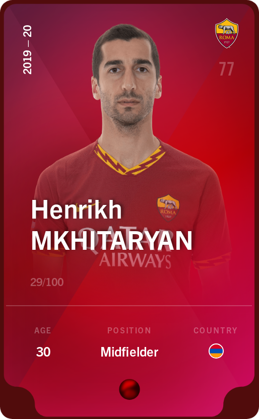 Sorare - Sorare Official - Henrikh Mkhitaryan 2019-20 • Rare 29/100 - NFT # 102178145200970753618106931163562556180039368776350805171679042636017740806681
