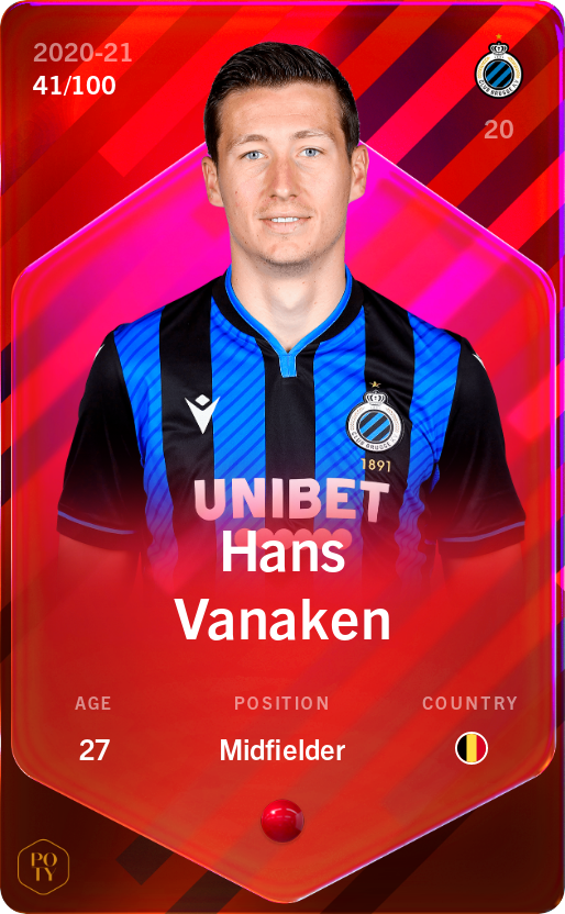 Sorare - Sorare Official - Hans Vanaken 2020-21 • Rare 41/100 - NFT # 75187945453511249862563362295041062172299761015568807983785184713722275958554