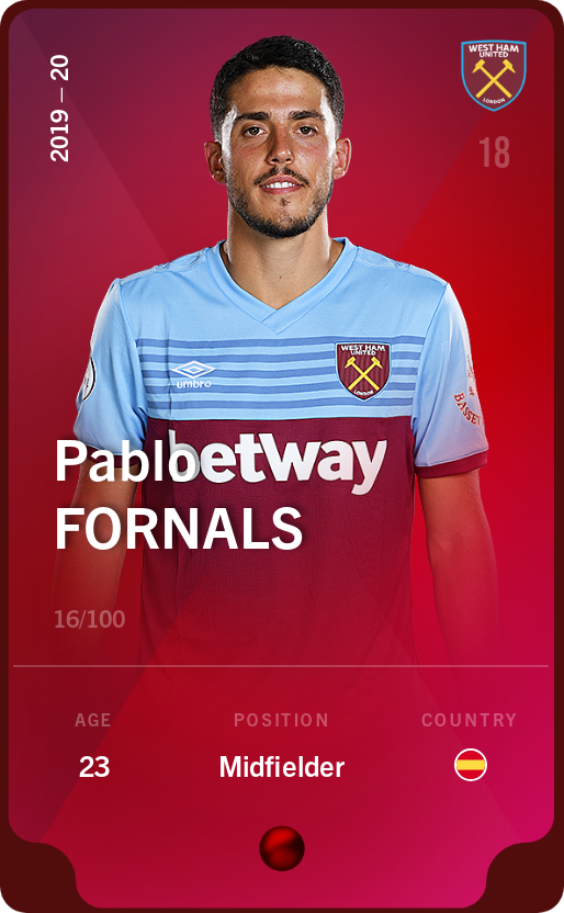 Sorare - Sorare Official - Pablo Fornals 2019-20 • Rare 16/100 - NFT # 11706287638609186240809256268680708784616292831212671008804369471496514311888