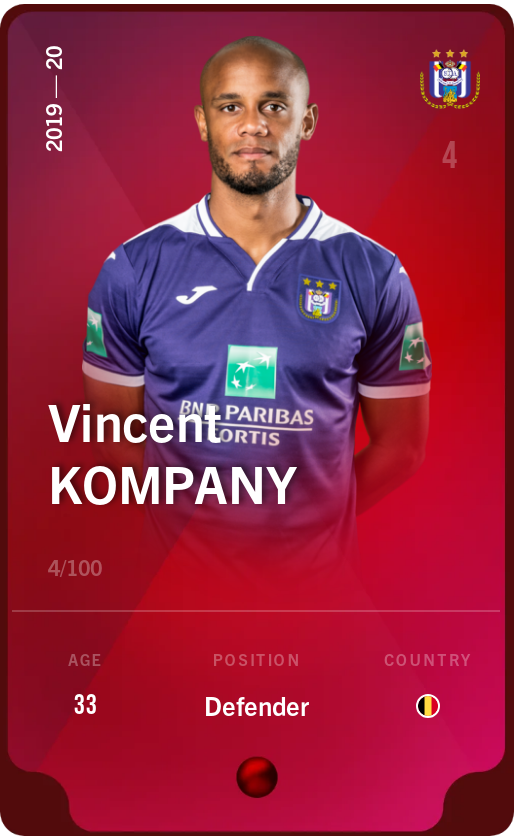 Sorare - Sorare Official - Vincent Kompany 2019-20 • Rare 4/100 - NFT # 71874735452332103486996370192361902094495540206737856242711956609785406781002