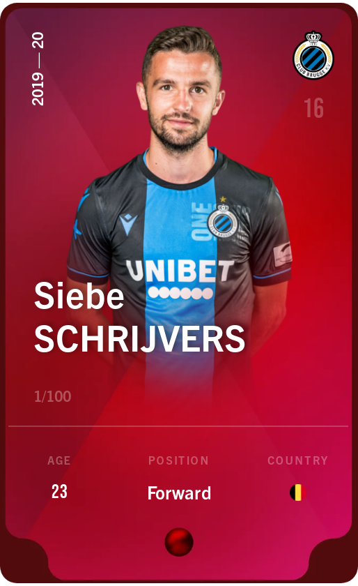 Sorare - Sorare Official - Siebe Schrijvers 2019-20 • Rare 1/100 - NFT # 112992277478977599671654045197340604531065653153947554003873518688855943867634