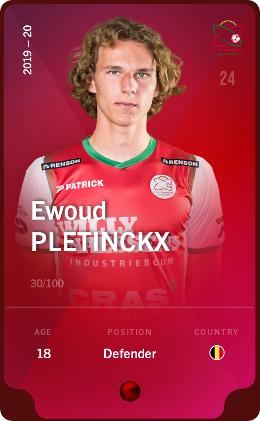 Sorare - Sorare Official - Ewoud Pletinckx 2019-20 • Rare 30/100 - NFT # 97209182682053033457672893746887882566892003143500062938182422130036343894400