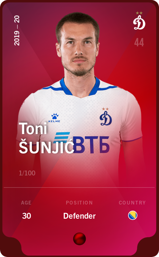 Sorare - Sorare Official - Toni Šunjić 2019-20 • Rare 1/100 - NFT # 59574106809096952925298047536136314004842862719971541492085798275073453545340