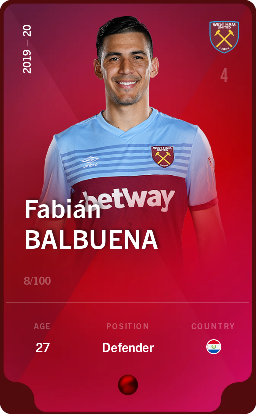 Sorare - Sorare Official - Fabián Balbuena 2019-20 • Rare 8/100 - NFT # 110371340084069769646958229151917583608971123752501149123614322598054745292182