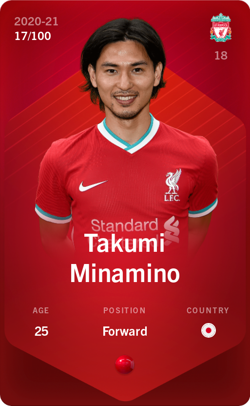 Sorare - Sorare Official - Takumi Minamino 2020-21 • Rare 17/100 - NFT # 49528187120802536452332325501347386829609173805485990612410509390282230902987