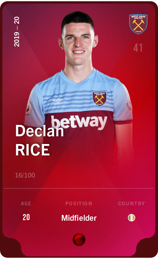 Sorare - Sorare Official - Declan Rice 2019-20 • Rare 16/100 - NFT # 45047694360805059226511059576282992553306839281879799413267879686168092807497