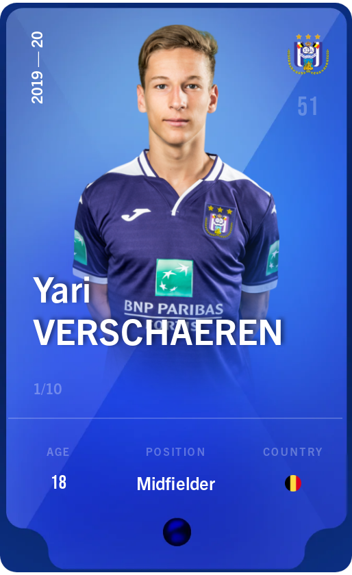 Sorare - Sorare Official - Yari Verschaeren 2019-20 • Super Rare 1/10 - NFT # 87364443299676298428959157262291691381974337295841031990139475439983358268933