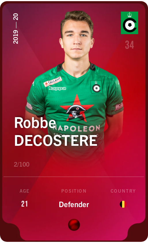 Sorare - Sorare Official - Robbe Decostere 2019-20 • Rare 2/100 - NFT # 37392072047960412695962833108611280834172839555609668131054395050455961567380