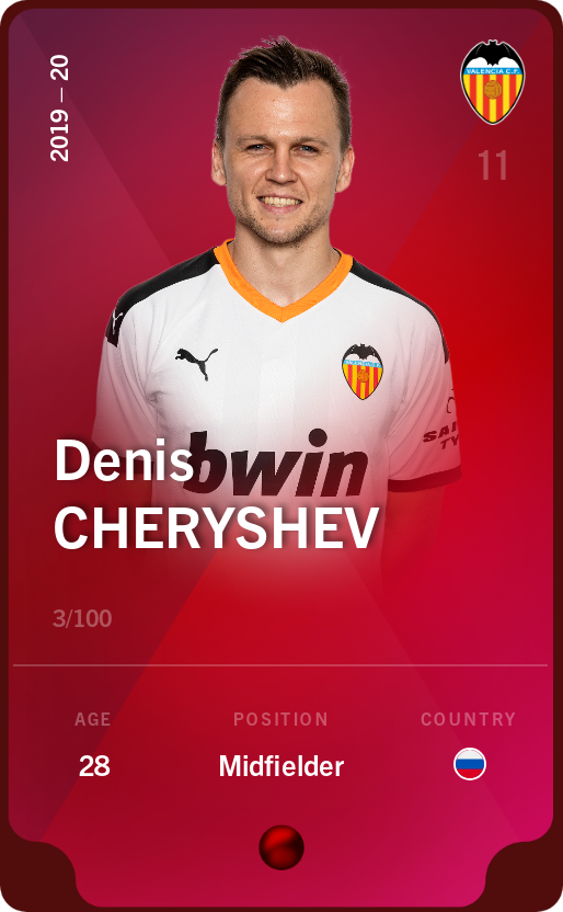 Sorare - Sorare Official - Denis Cheryshev 2019-20 • Rare 3/100 - NFT # 13027422997783342456851553932732356859611058085858561026645112796517020371043