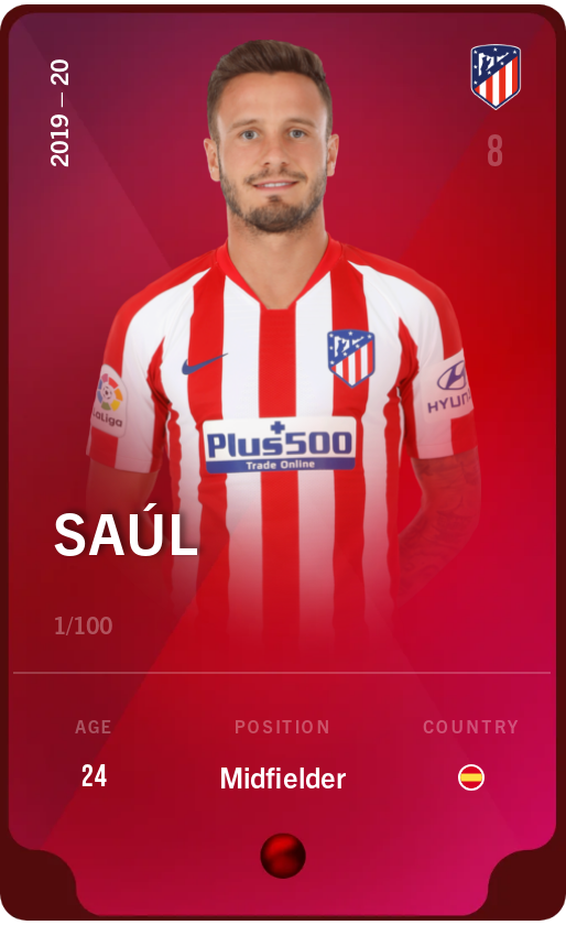 Sorare - Sorare Official - Saúl 2019-20 • Rare 1/100 - NFT # 5156844382588805664729014817423494932862402910729024011336743258474440330576