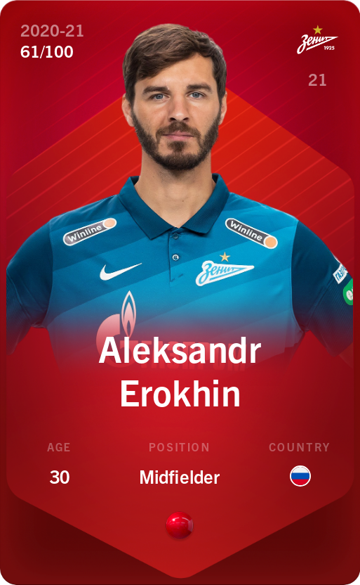 Sorare - Sorare Official - Aleksandr Erokhin 2020-21 • Rare 61/100 - NFT # 82005077806392696004296010052293407854544497565694507674638770541468693644641