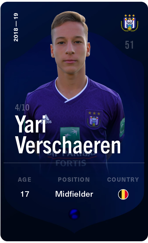 Sorare - Sorare Official - Yari Verschaeren 2018-19 • Super Rare 4/10 - NFT # 71672941321440940100278985536509982080881906568656219406216474675951480074455