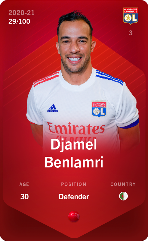 Sorare - Sorare Official - Djamel Benlamri 2020-21 • Rare 29/100 - NFT # 59106067886117764366415312408806343550810109892805955611407978347384886100987