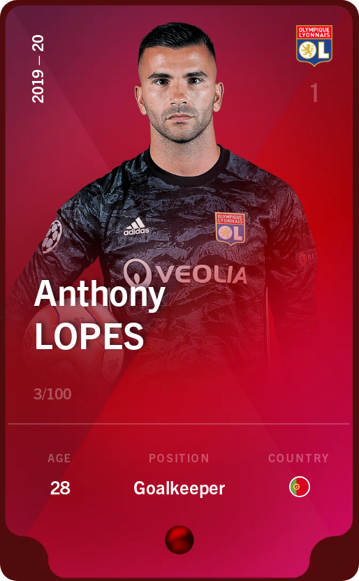 Sorare - Sorare Official - Anthony Lopes 2019-20 • Rare 3/100 - NFT # 68407532654511968897461270402538101076209340849542765253024980238142722161349