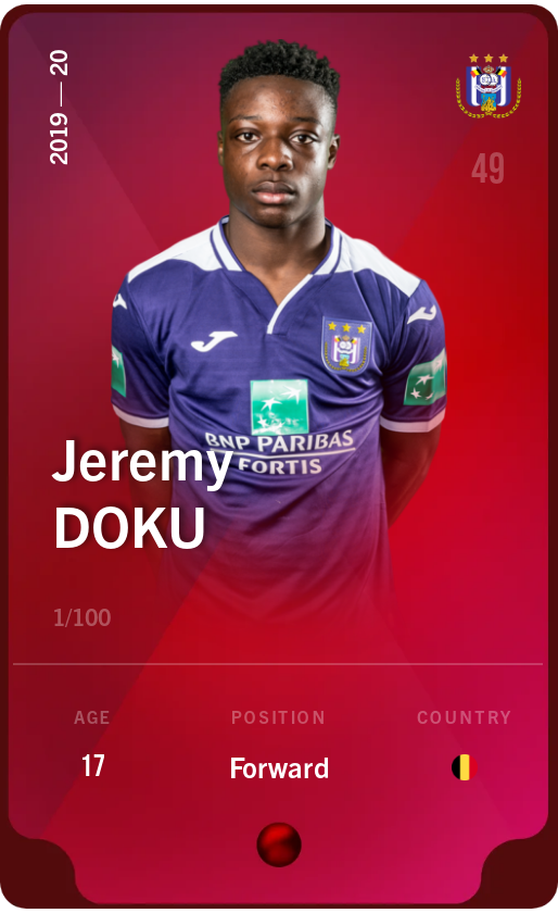 Sorare - Sorare Official - Jeremy Doku 2019-20 • Rare 1/100 - NFT # 40579015387539833765789864314015608750846566585754419999659144888601592200000