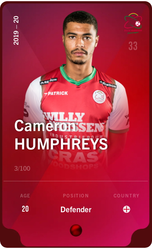 Sorare - Sorare Official - Cameron Humphreys 2019-20 • Rare 3/100 - NFT # 68589091818420680098036538197161670664745682658586542636605338370533895663341