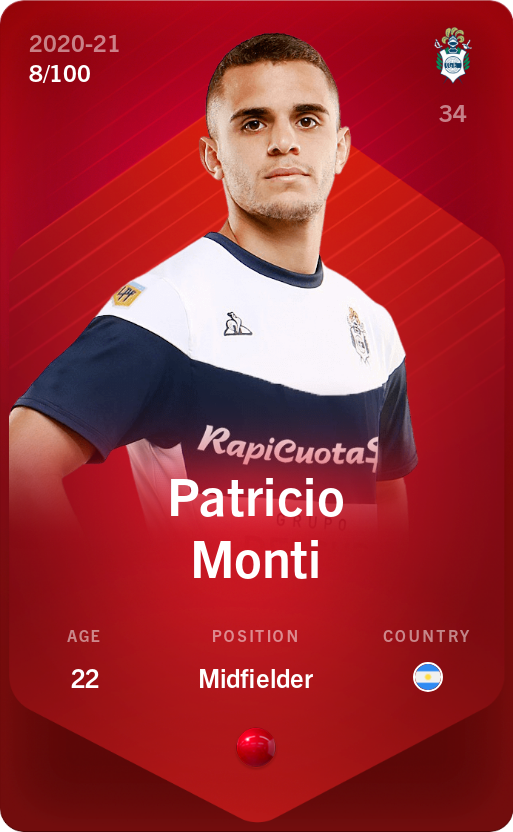 Sorare - Sorare Official - Patricio Monti 2020-21 • Rare 8/100 - NFT # 92357165954399202142221858355257895387601695165588291532039533759010925695288