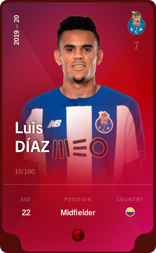 Sorare - Sorare Official - Luis Díaz 2019-20 • Rare 10/100 - NFT # 90504043337882456771796564945115814816095697290330286042174576611037638025007